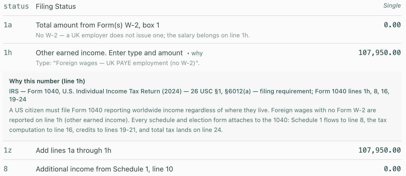 Form 1040 line preview with computed amounts and the expanded legal citation for line 1h